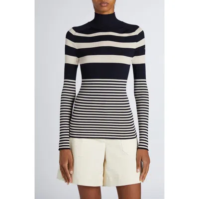 Moncler Stripe Virgin Wool Rib Mock Neck Sweater In White/blue