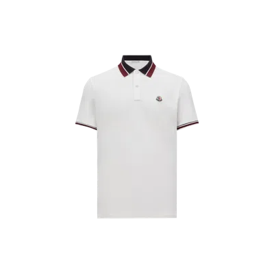 Moncler Striped Collar Cotton Piquet Polo Shirt White