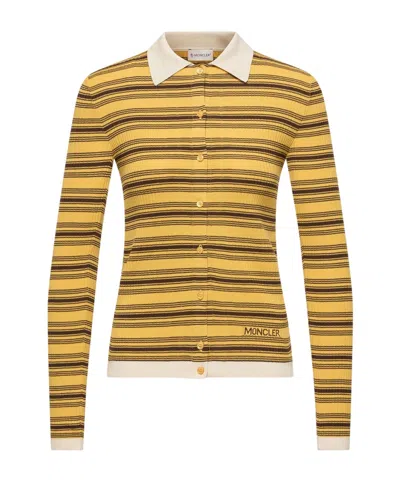 Moncler Striped Cotton Long Sleeve Polo Shirt In Yellow