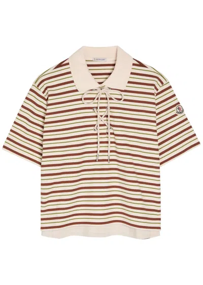 Moncler Lace-up Cropped Striped Cotton Polo Shirt In Multi