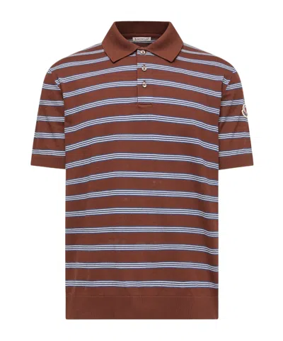 Moncler Striped Cotton Polo Shirt In Brown