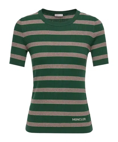 Moncler Striped Cotton Short Sleeve Polo Shirt In Green