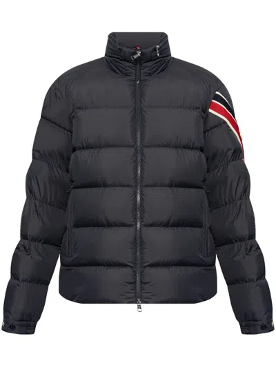 Moncler Striped Logo Patch Down Jacket In Black