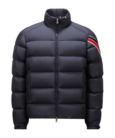 Moncler Striped Logo Patch Down Jacket In Blue