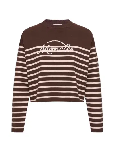 Moncler -inspired Long Sleeve Striped Wool Sweater With Logo In Brown