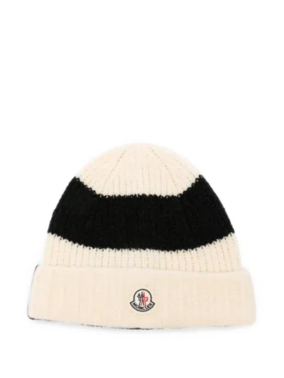 Moncler Striped Logo-patch Beanie Hat In Neutral