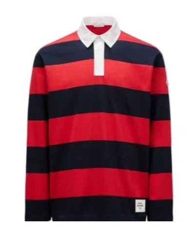 Moncler Striped Long-sleeved Polo Shirt In Red