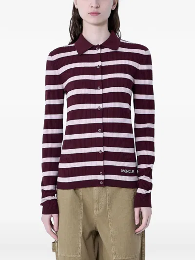 Moncler Striped Ribbed Cotton Polo Shirt In Burgundy