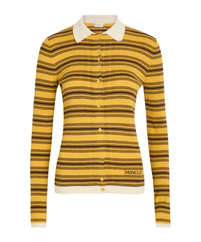 Moncler Striped Cotton Long Sleeve Polo Shirt In Yellow