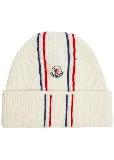 Moncler Striped Ribbed Wool Beanie In Cream