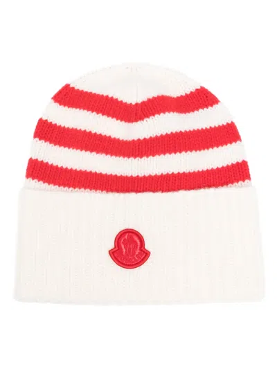 Moncler Striped Ribbed Wool Beanie In White