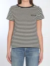 Moncler Black And White T-shirt With All-over Striped Motif And Logo Patch On The Chest In Cotton Wo In Black