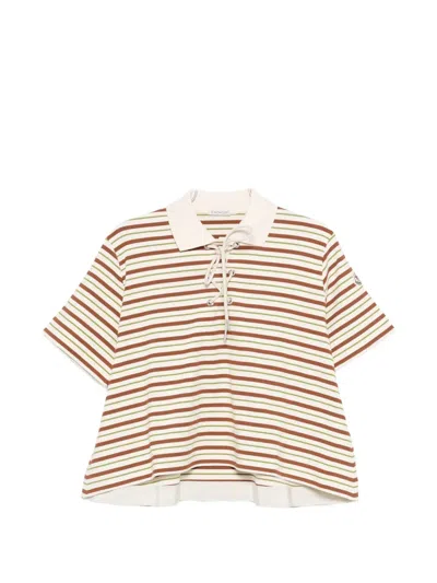 Moncler Striped Tie Polo Top In Neutral