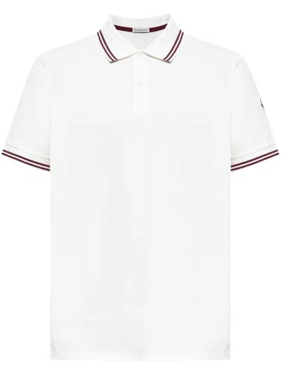 Moncler Striped Trim Cotton Polo Shirt In White