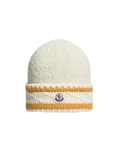 Moncler Striped Wool  Cotton Blend Beanie In Neutral