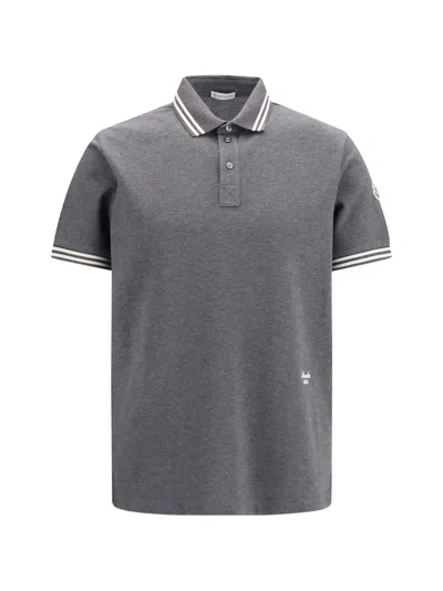 Moncler Stripe-trim Logo-patch Polo Shirt In Gray