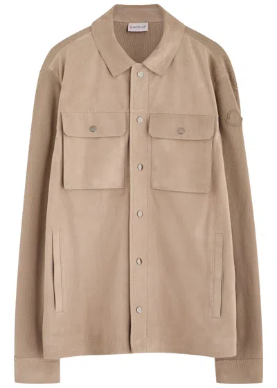 Moncler Suede And Cotton Overshirt In Beige