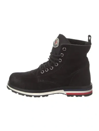 Pre-owned Moncler Suede Embroidered Accent Lace-up Boots In Black