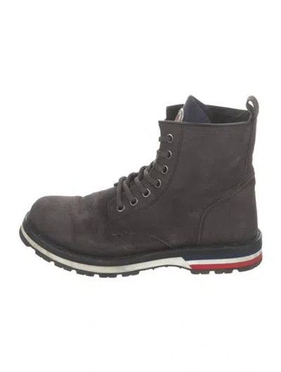 Pre-owned Moncler Suede Embroidered Accent Lace-up Boots In Gray