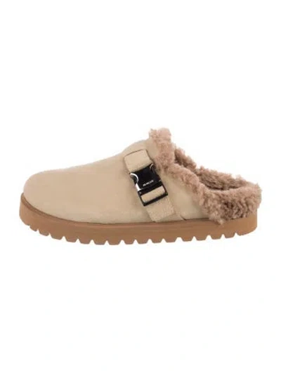 Pre-owned Moncler Suede Faux Fur Trim Mules In Neutrals