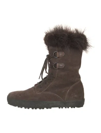 Pre-owned Moncler Suede Fur Trim Lace-up Boots In Brown