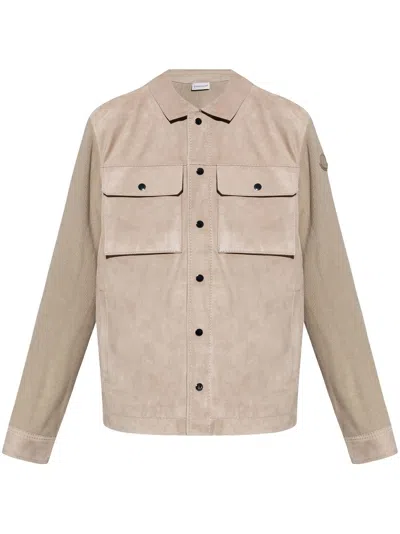 Moncler Knitted Cotton & Suede Cardigan Jacket In Beige