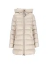 Moncler Suyenne Hooded Long Down Jacket In Neutral