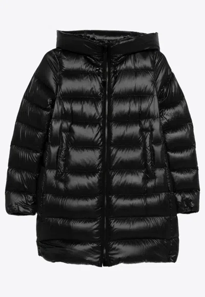 Moncler Suyenne Hooded Mid-length Down Jacket In Black