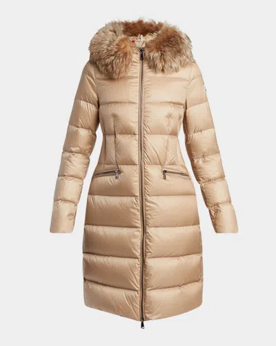 Moncler Suyenne Hooded Long Down Parka In Sand