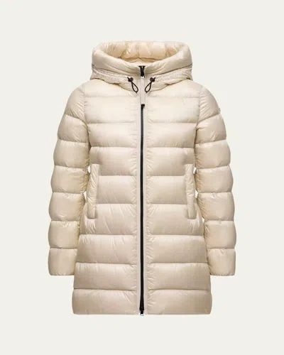 Moncler Suyenne Hooded Long Down Parka In Sand