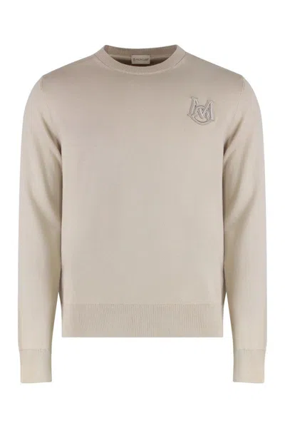 Moncler Cotton Pullover With Crew Neck And Embroidery In Neutral