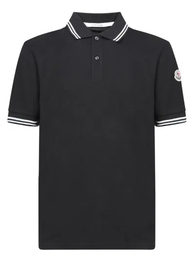 Moncler Striped Trim Polo Shirt In Black