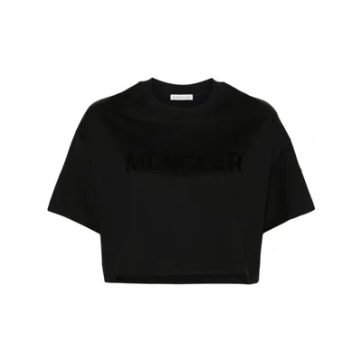 Moncler Sequin-logo Cropped T-shirt In Black