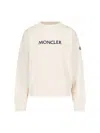 Moncler Crewneck Cotton Sweatshirt With Embroidered Logo And Multicolor Patch In Neutral