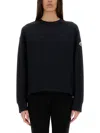 Moncler Blue Crewneck Sweatshirt With Tone-on-tone Logo Print On The Front In Cotton Woman In Blue