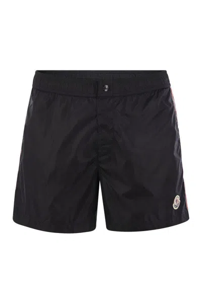 Moncler Tricolour Trimmed Nylon Swim Shorts In Navy