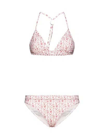 Moncler All-over Logo Printed Triangle Bikini With Adjustable Should In Pink