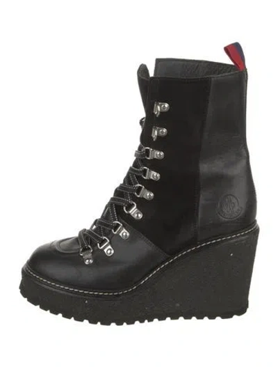 Pre-owned Moncler Sylvie Web Accent Leather Combat Boots In Black
