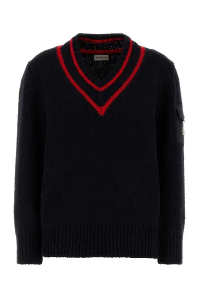 Moncler Wool Blend Sweater With Stripe And Patch In Black