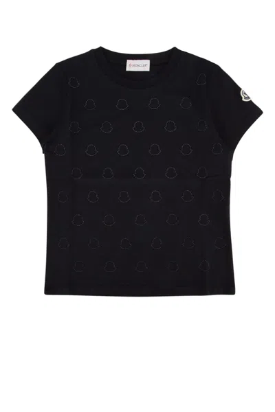 Moncler Kids' Black Crewneck T-shirt With Rhinestone Logo In Cotton Girl In 999