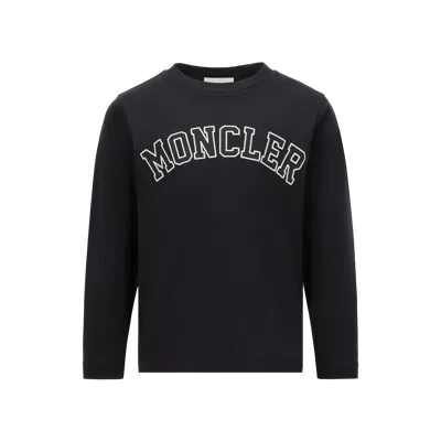 Moncler Kids' Embroidered Logo Long Sleeve Cotton T-shirt Blue