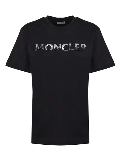Moncler Sequin-embellished Cotton T-shirt In Black