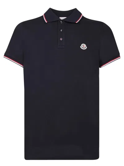 Moncler Tricolour-trimmed Cotton Piquet Polo In Blue