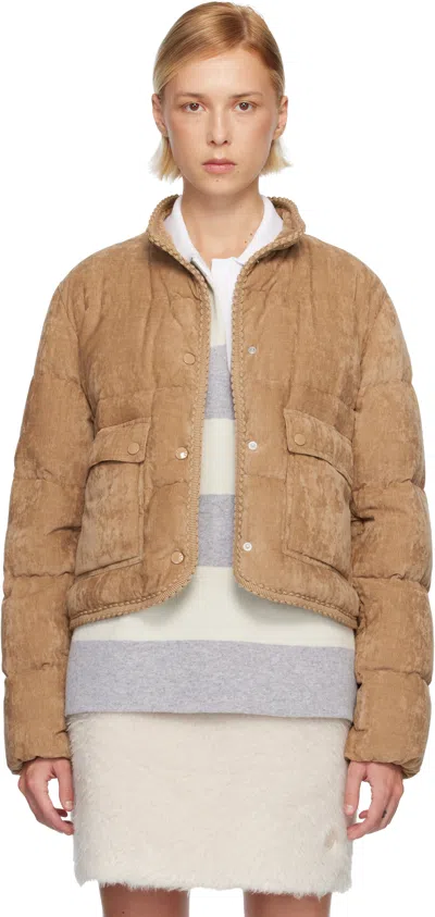MONCLER TAN ESSARTS BRAIDED TRIM CORDUROY SHORT DOWN JACKET