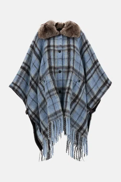 Moncler Tartan Wool Cape In Blue