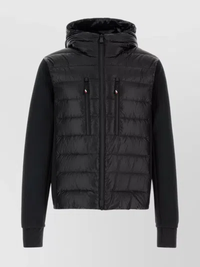 Moncler Tech Fabric Hooded Cardigan With Quilted Design In Black