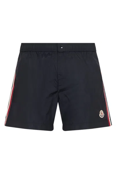 Moncler Navy Blue Swim Shorts With Logo Patch In Black