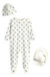 Moncler Teddy Bear Footie, Hat And Bib Set In Dark Blue/cream