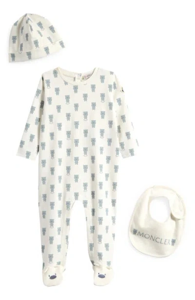 Moncler Kids'  Teddy Bear Footie, Hat And Bib Set In Dark Blue/cream