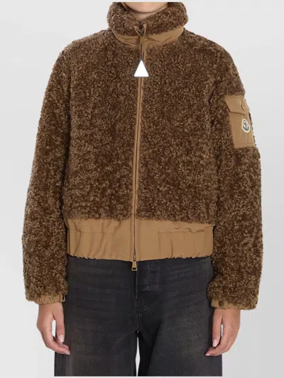 Moncler Teddy Fleece Cropped Down Jacket In Brown
